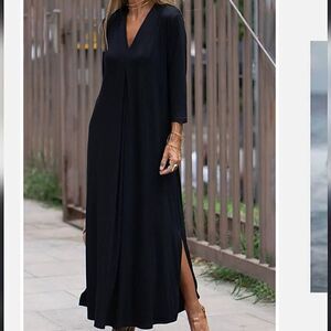 Pleated Dress Women V Neck Loose Solid Color Side Split Hem Three Quarter Sleeve